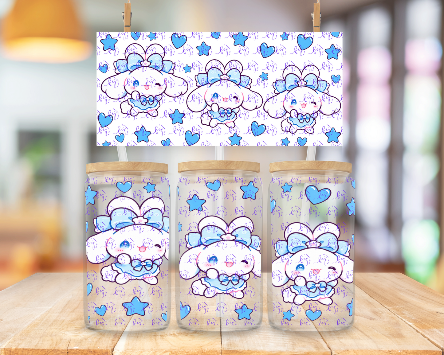 Blue Bow Bunny Dreams 16oz UV DTF Cup Wrap