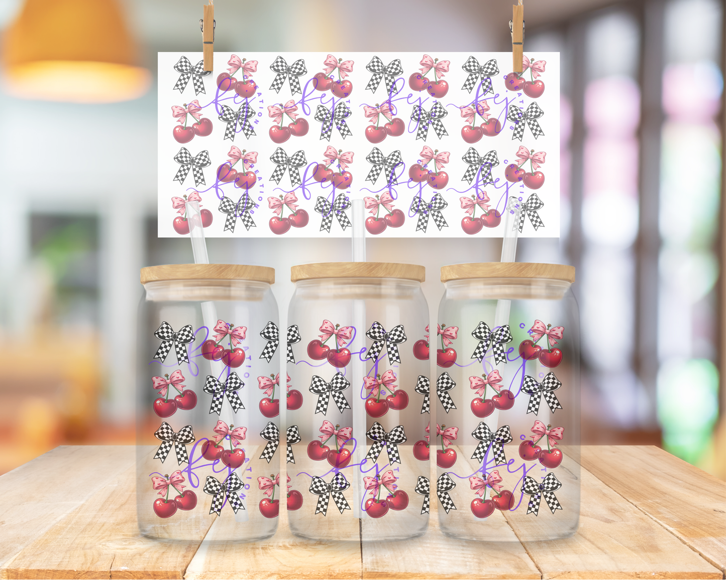 Cherries & Checkered Bows 16oz UV DTF Cup Wrap