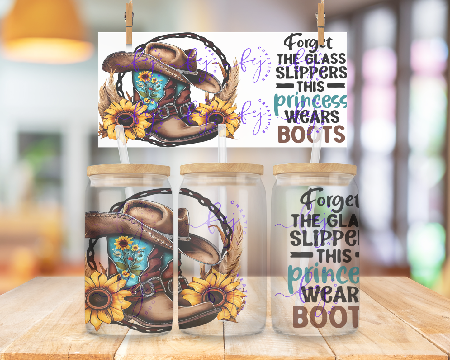 Sunflower Princess Wears Boots 16oz UV DTF Cup Wrap