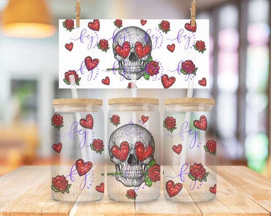 Glitter Heart Skull 16oz UV DTF Cup Wrap