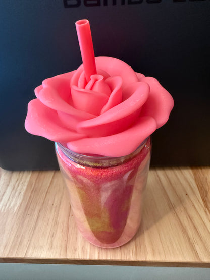 16oz Pink Rose Straw Topper