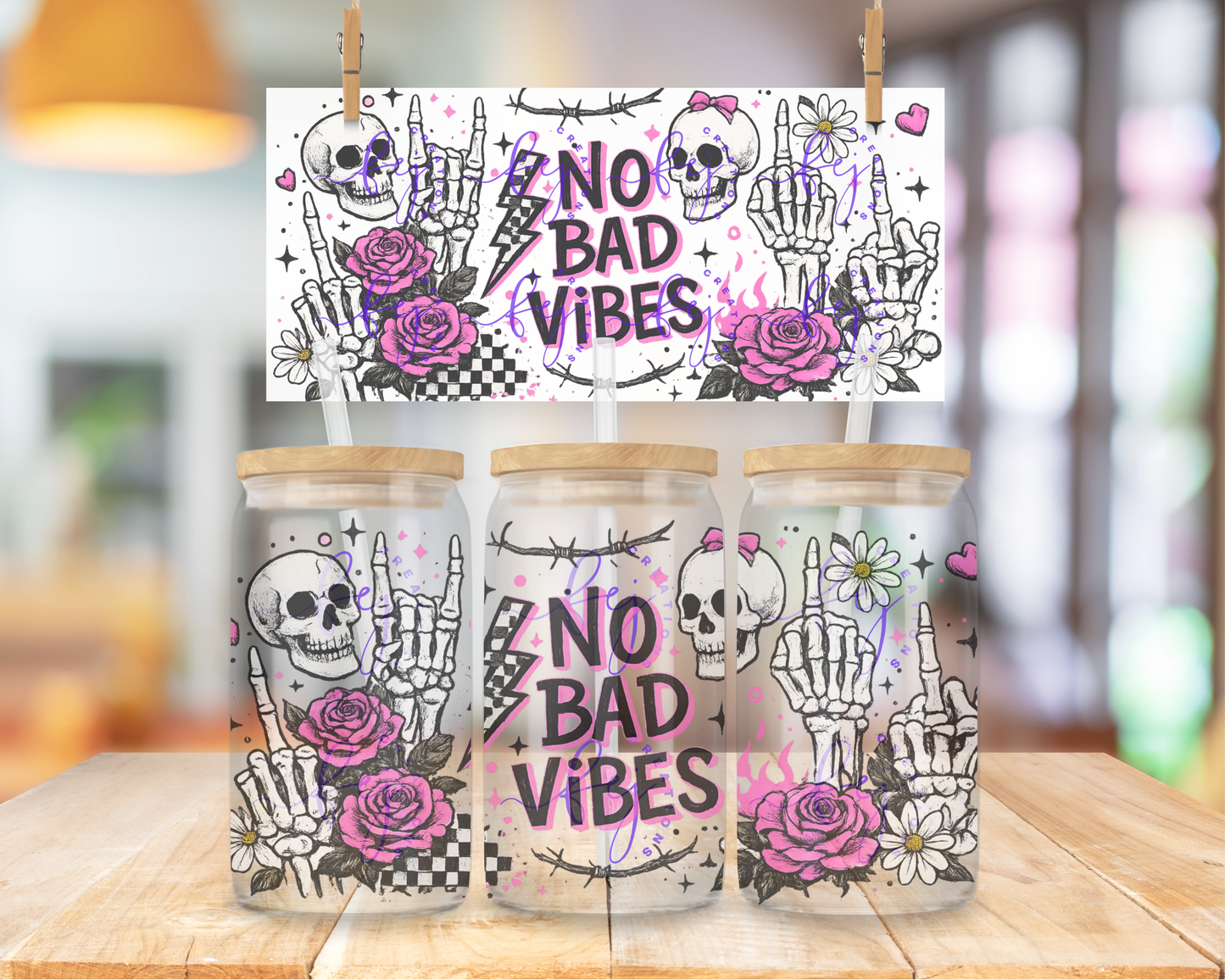 No Bad Vibes Skull 16oz UV DTF Cup Wrap