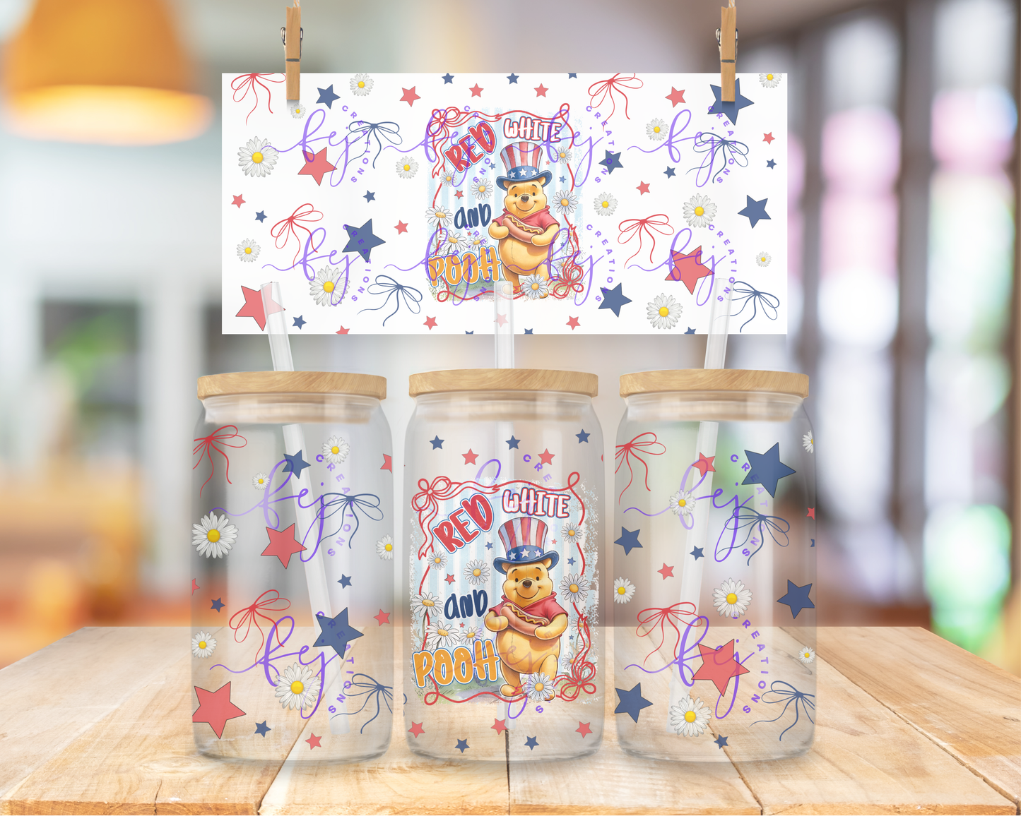 Red White & Pooh 16oz UV DTF Cup Wrap
