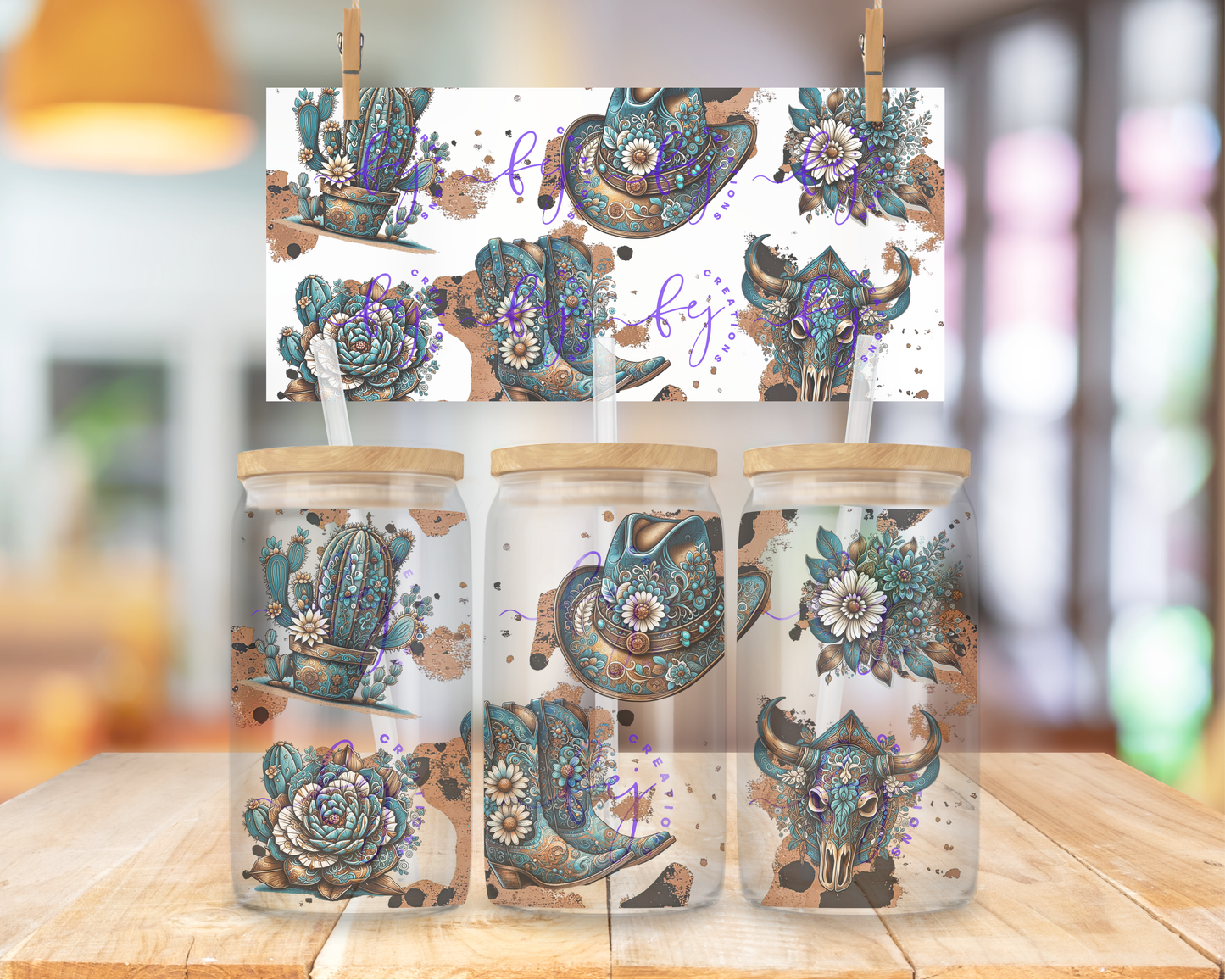 Teal Western 16oz UV DTF Cup Wrap